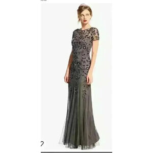 Adrianna Papell Floral Embroidered Beaded Godet Gown Dress, Lead Gray, Size 2P